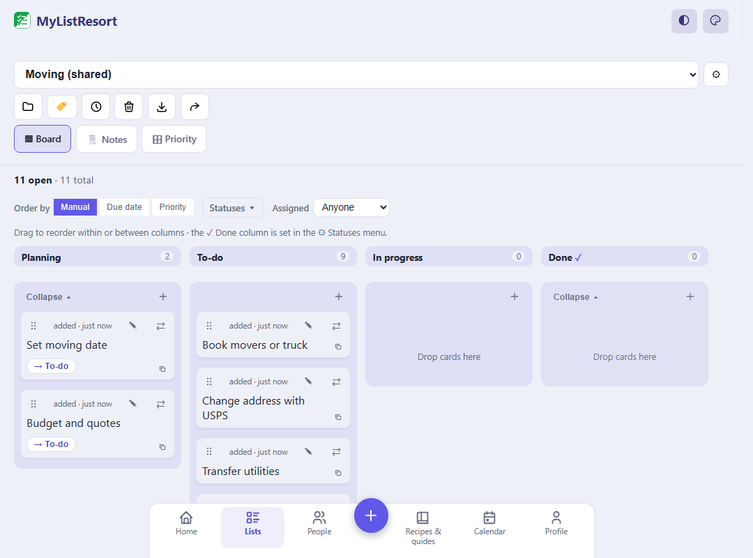 A Moving progress board in MyListResort with cards in Planning, To-do, In progress and Done columns