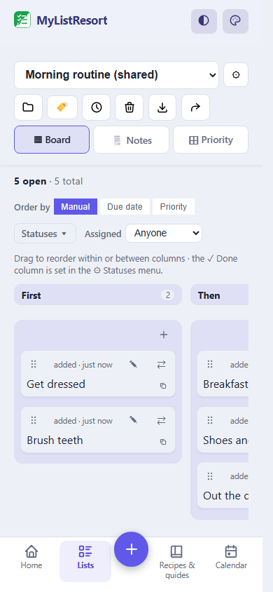 A shared morning-routine board in MyListResort with each step as a card under First and Then