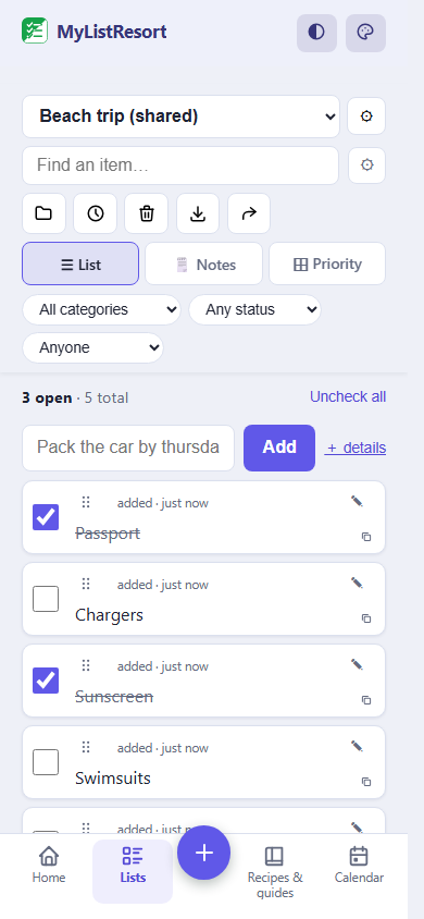 A shared packing checklist in MyListResort with some items checked off