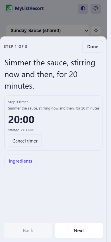 Cook mode in MyListResort showing one recipe step at a time with a running 20 minute timer