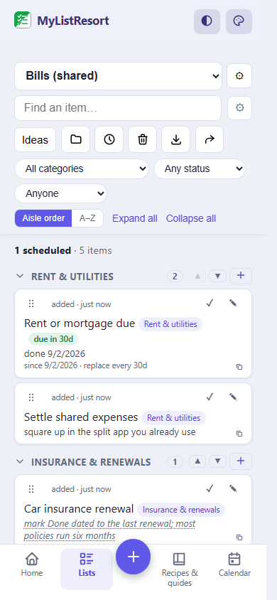A shared bills list in MyListResort with rent and renewals on a repeating reminder schedule