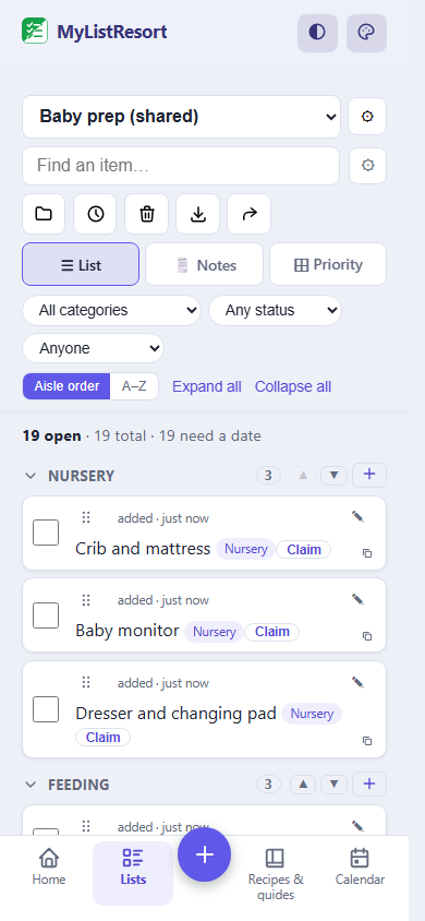 A Baby prep shopping list in MyListResort pre-filled from the crib to the hospital bag