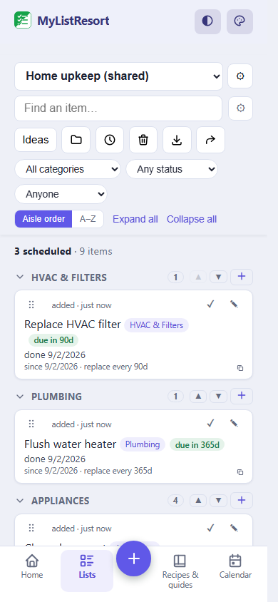 A home maintenance list in MyListResort pre-filled with tasks like replacing the HVAC filter