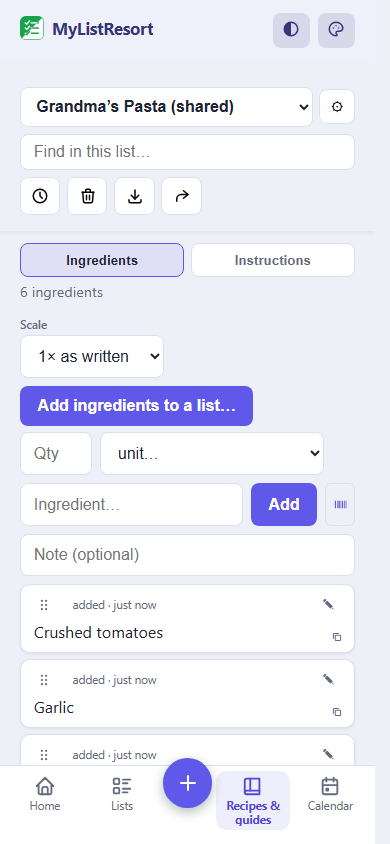 A family recipe in MyListResort before you cook it, with every ingredient listed as its own item