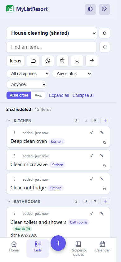 A shared house-cleaning list in MyListResort, grouped by room, with jobs that repeat on their own schedule